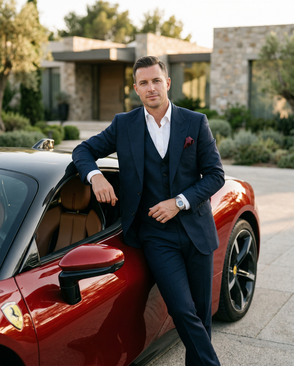 Wealthy man in Tom Ford suit with Ferrari SF90