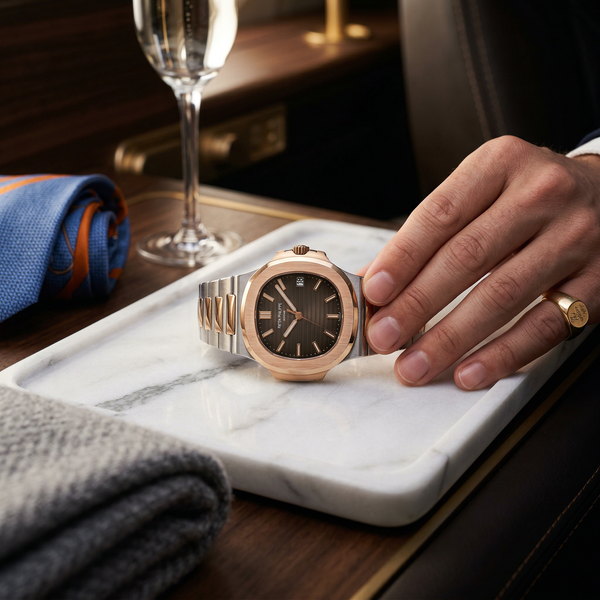 Close-up Patek Philippe watch on marble tray with champagne bokeh