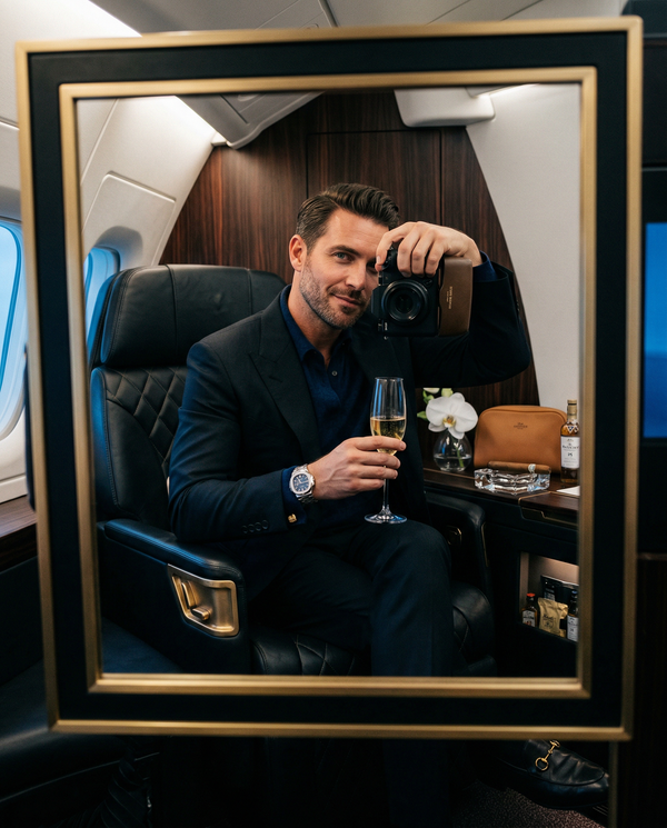 First class mirror selfie in Etihad-style suite with Patek and Dom Pérignon