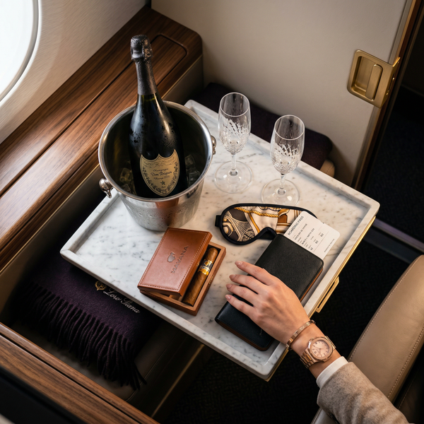 Overhead minibar tray with Dom Pérignon, cigar box, and cashmere throw
