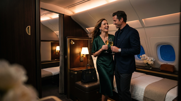 Nighttime first class couple toasting in private suite with crystal flutes