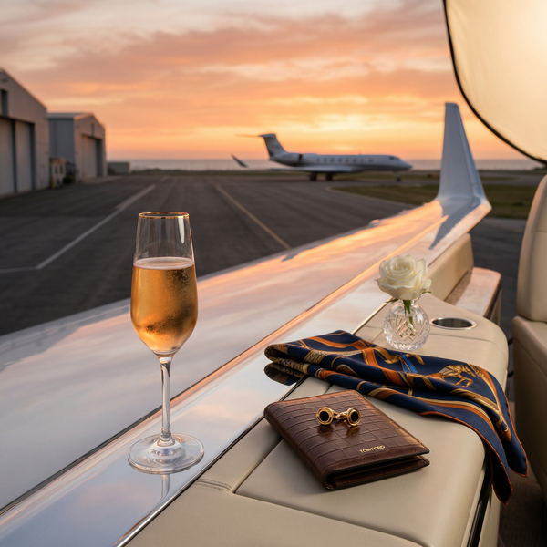 Cristal champagne on Gulfstream G700 wing rail at sunset