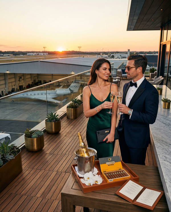 Rooftop lounge toast with Gulfstream G700 and Cristal