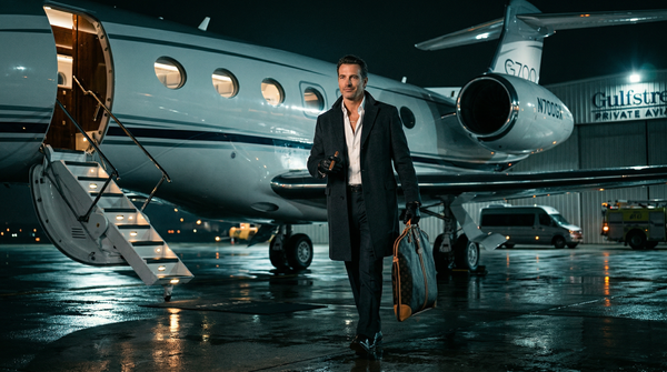 Low-angle night Gulfstream G700 runway with Loro Piana coat