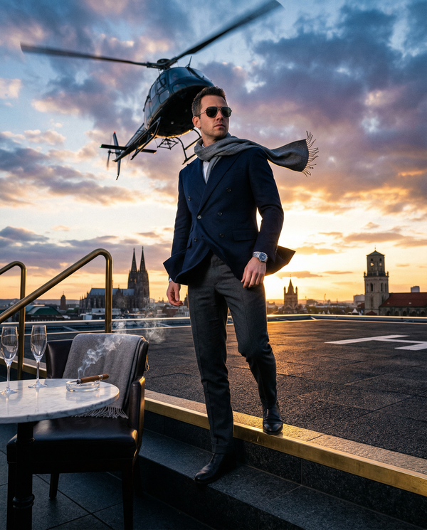 Wind-blown landing silhouette on rooftop helipad, Tom Ford suit