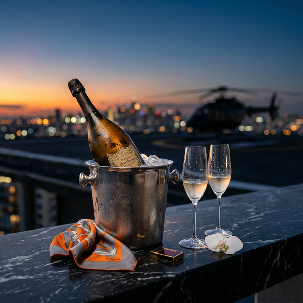 Dom Pérignon on marble with blurred helicopter skyline