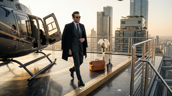 Golden hour rooftop helipad arrival with Tom Ford suit