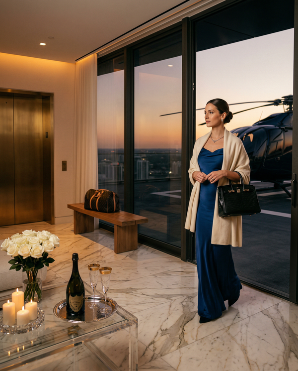 Penthouse entry from helicopter with Hermès Birkin, Louis Vuitton gown