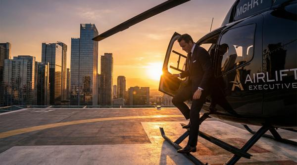 Luxury helicopter arrival at sunset, showcasing elegance and opulence.