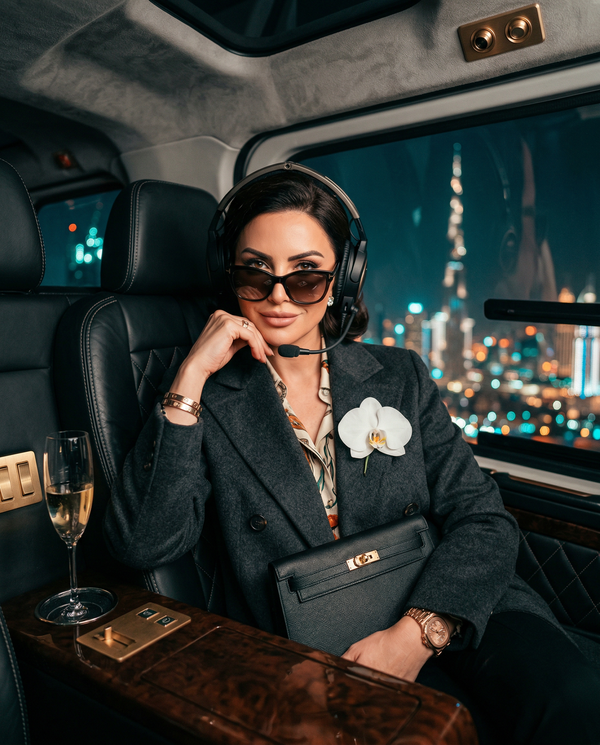 Night Dubai helicopter portrait with Brunello Cucinelli and Patek