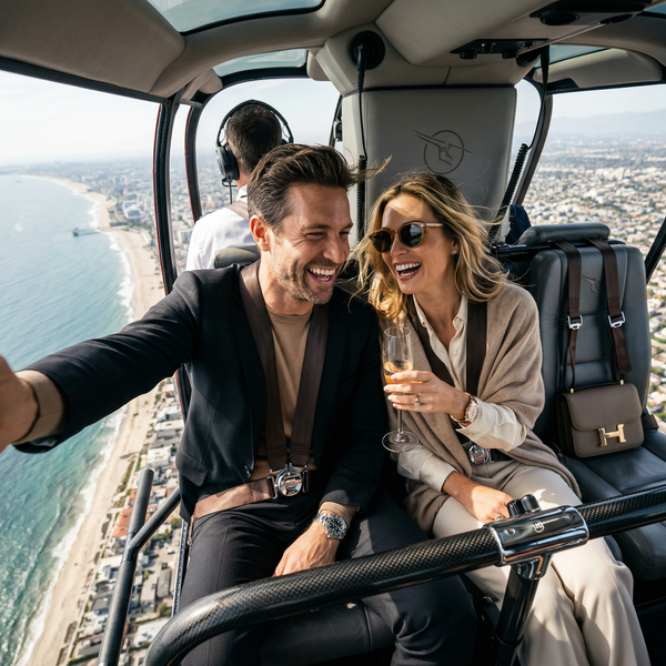 Doors-off helicopter selfie over LA coastline with Tom Ford couple