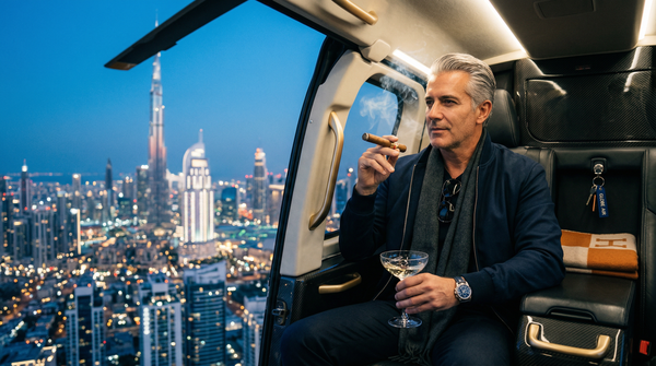 Blue hour Dubai doors-off helicopter with cigar and Loro Piana
