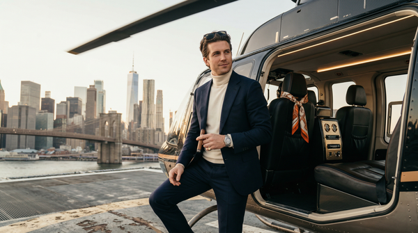 Golden hour doors-off helicopter over Manhattan with Tom Ford-clad man