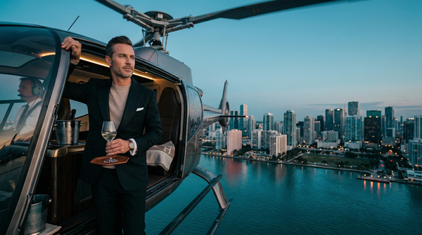 Twilight panoramic helicopter city skyline with Tom Ford-clad founder