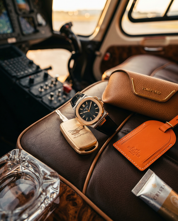 Patek watch and engraved helicopter key fob on leather seat close-up