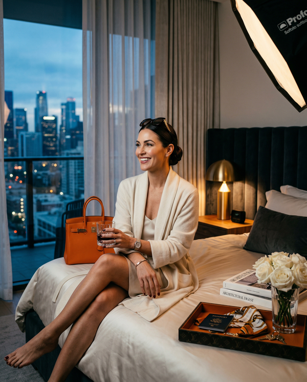 Blue hour bedroom portrait woman in Brunello Cucinelli robe with Birkin