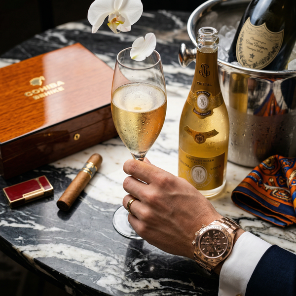 Close-up Cristal flute and Rolex on black marble hotel suite table