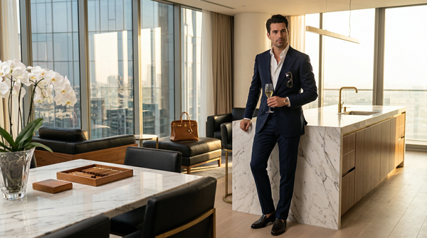 Penthouse suite golden hour man in Tom Ford suit holding champagne