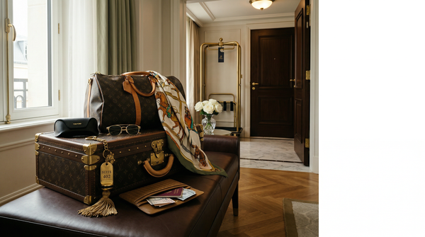 Louis Vuitton trunk and Hermès scarf on leather bench in hotel suite entry