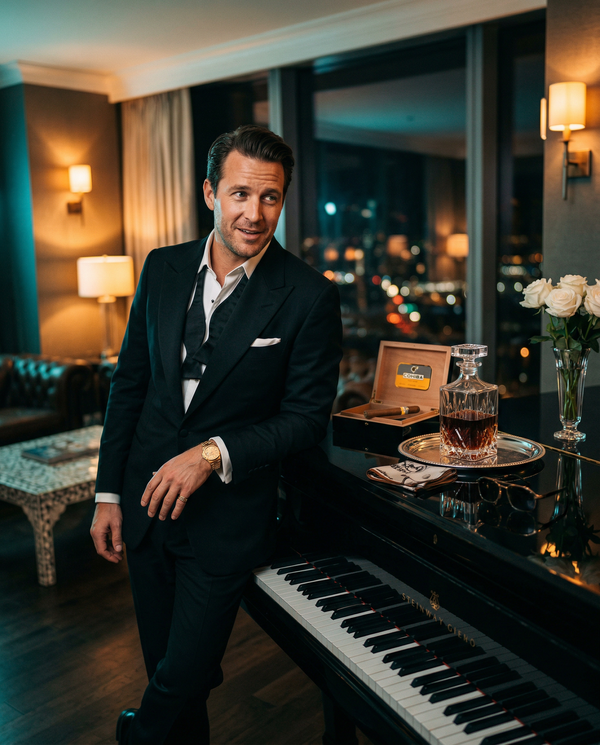 Night suite lounge man in Tom Ford tuxedo by grand piano with decanter