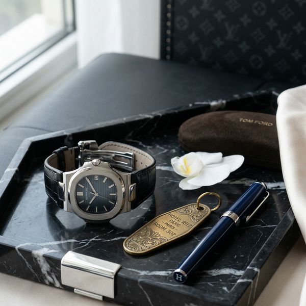 Patek Philippe Nautilus on Nero Marquina marble with Hermes pen and key