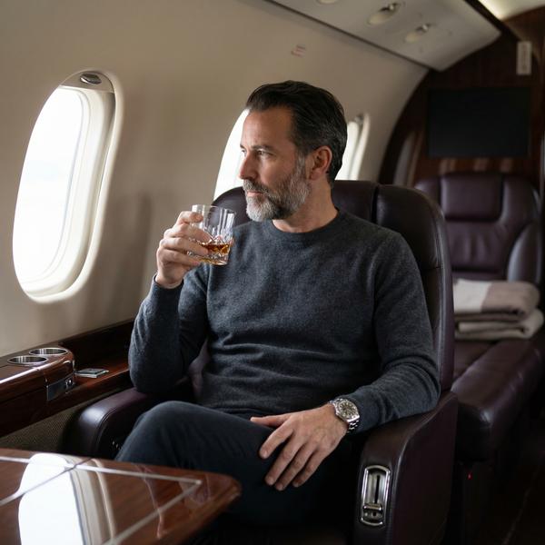 Interior of private jet exuding luxury and comfort