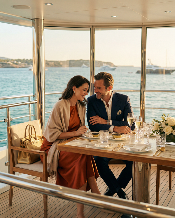 Intimate aft dining duo with Dom Pérignon and caviar