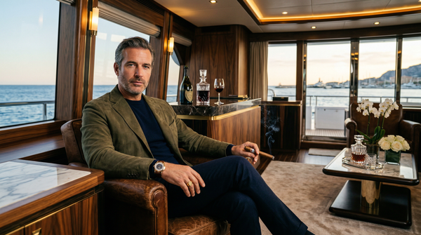 Owner portrait in leather club chair inside luxe yacht salon