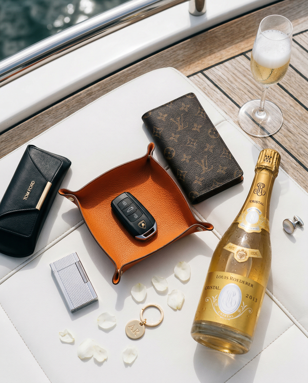 Flat-lay of Lamborghini key, Hermès tray and Cristal on sunpad