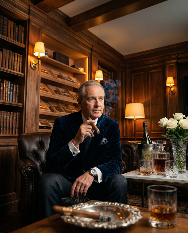 Members-only cigar lounge man in Tom Ford velvet blazer