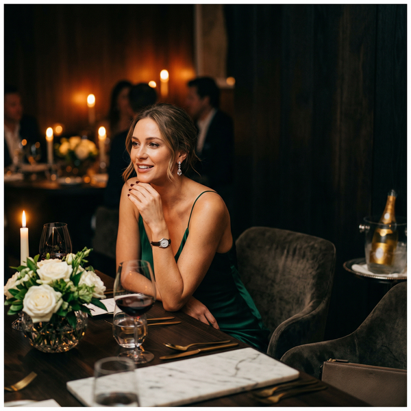 Michelin restaurant candlelit woman in Gucci dress