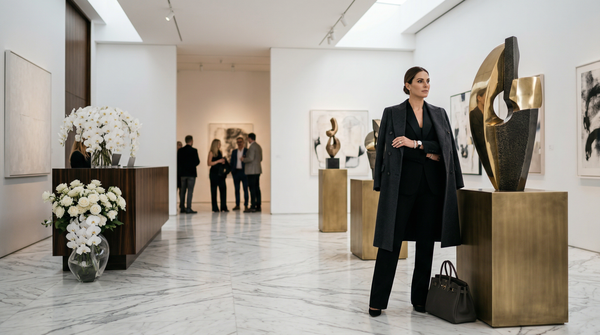 Private gallery opening woman in Tom Ford tuxedo and Hermès Birkin