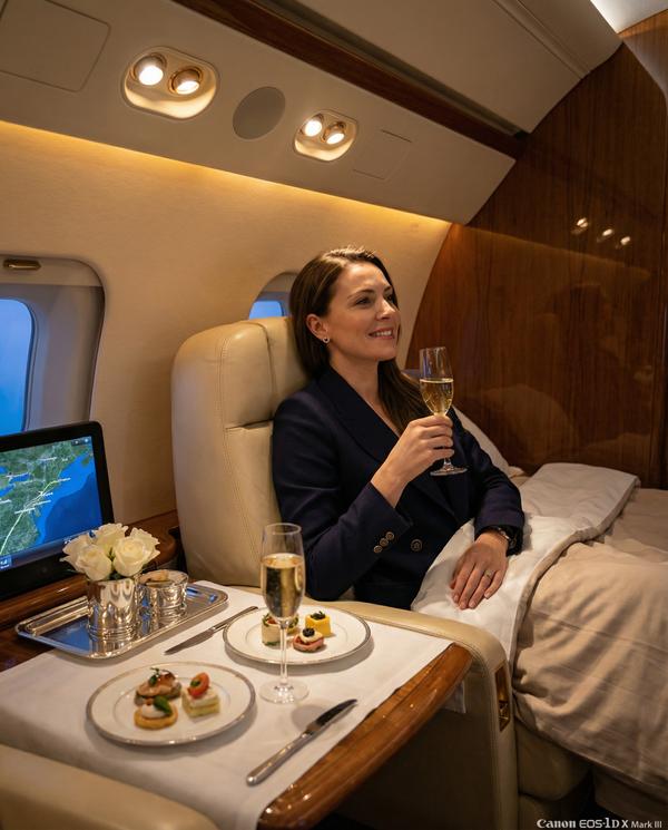 First-class flight indulgence featuring luxury seating and fine dining