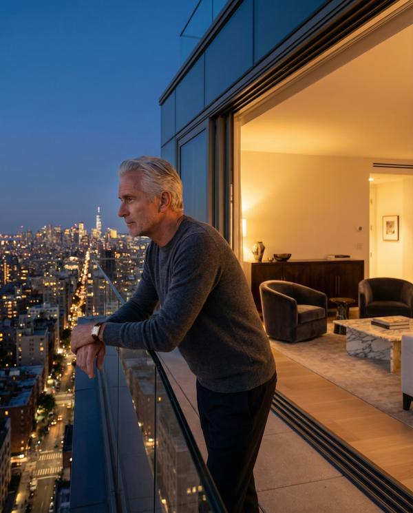 Stunning luxury penthouse view showcasing the city skyline at sunset