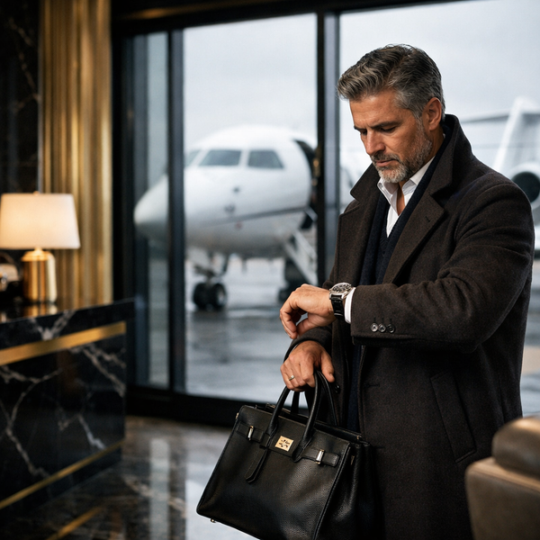 Man in private terminal with luxury watch and coat
