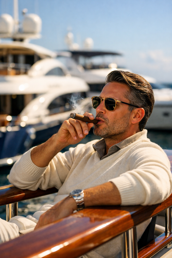 Man in yacht club relaxing with cigar and luxury attire