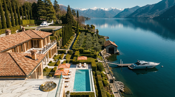 Aerial Lake Como villa estate with marble pool and yacht