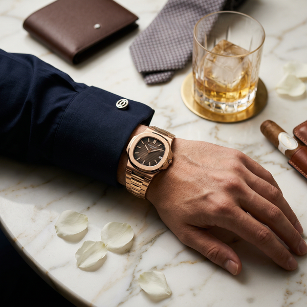 Patek Nautilus on wrist on Calacatta marble with whisky