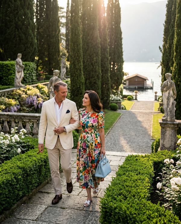 Affluent couple strolling Italian garden toward Lake Como