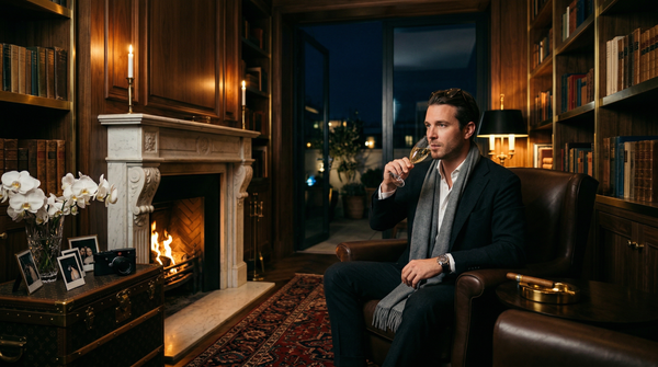 Night library fireplace with Brunello Cucinelli and Cristal