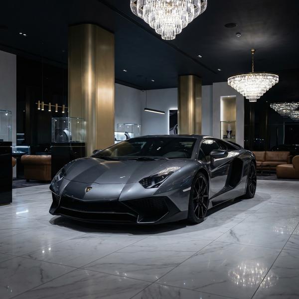 Lamborghini Aventador showcased in a marble showroom environment