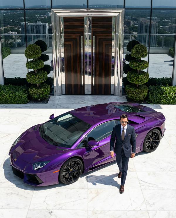 Luxury penthouse driveway featuring a breathtaking Lamborghini