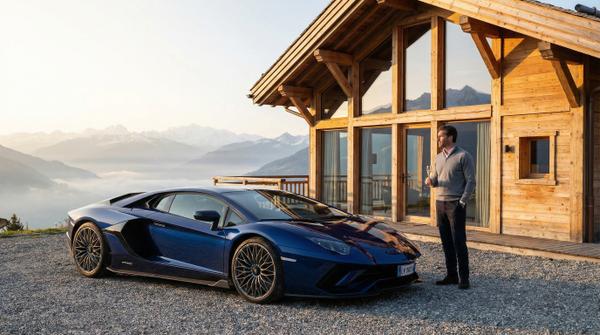 Lamborghini Aventador parked at a serene mountain retreat