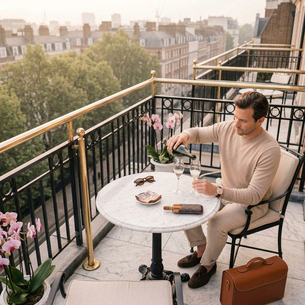 Morning balcony Mayfair terrace with Dom Pérignon and cashmere
