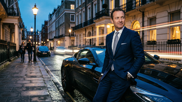 Low-angle blue hour Aston Martin and wealthy owner on Mount Street
