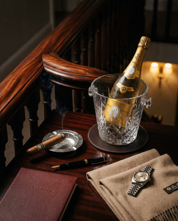 Crystal Cristal and cigar on mahogany banister in Mayfair interior