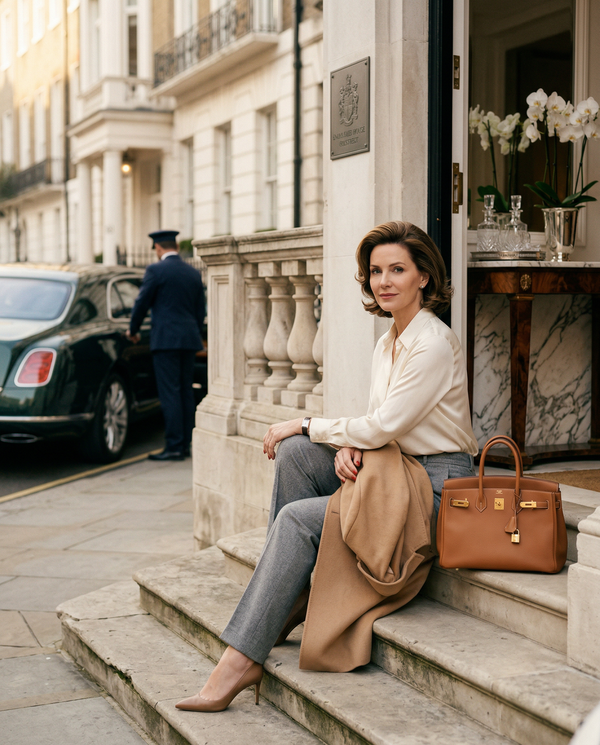 Portrait on Mayfair townhouse steps with Hermès Birkin