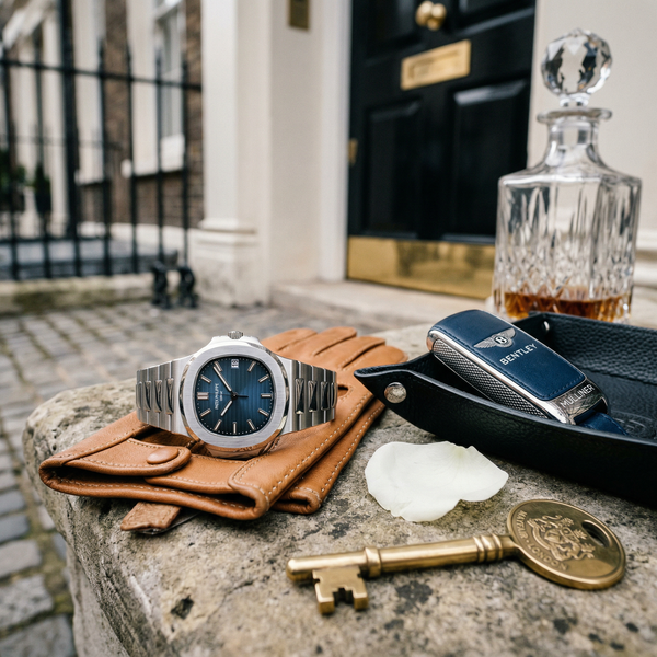Patek Philippe watch and Bentley key on marble Mayfair entrance