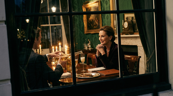 Nighttime Mayfair townhouse interior with candlelit dinner through sash window