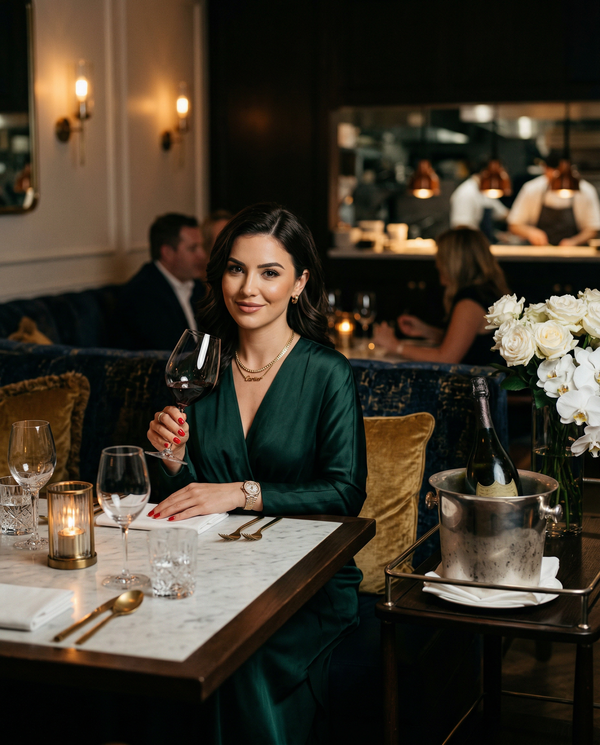 Candlelit Michelin dining portrait of elegant woman in designer wear